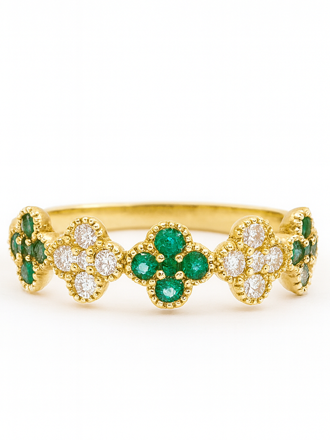 Anillo Cintillo Tréboles Esmeralda y Diamantes Oro Amarillo 18K 1