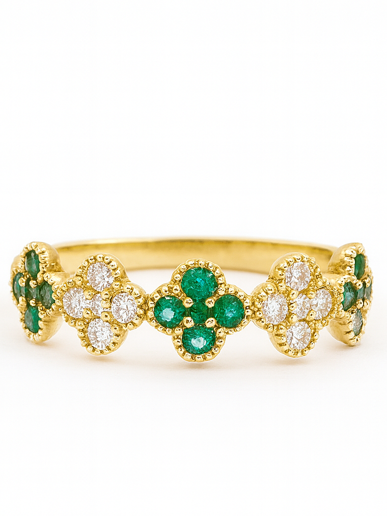 Anillo Cintillo Tréboles Esmeralda y Diamantes Oro Amarillo 18K 1