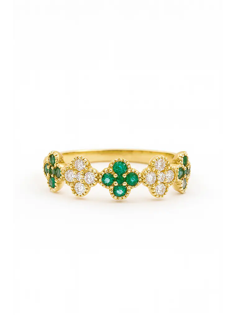 Anillo Cintillo Tréboles Esmeralda y Diamantes Oro Amarillo 18K 2