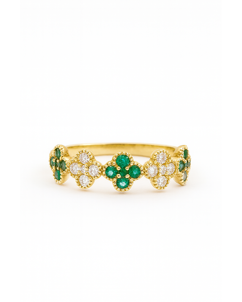 Anillo Cintillo Tréboles Esmeralda y Diamantes Oro Amarillo 18K