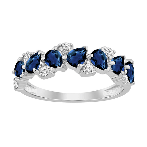Anillo Cintillo Zafiros Azules y Diamantes Oro Blanco 18K