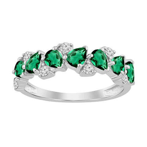 Anillo Cintillo Esmeraldas y Diamantes Oro Blanco 18K