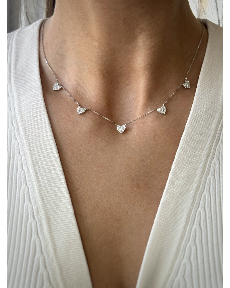 Collar 5 Corazones Diamantes Colgantes en Oro Blanco 18K