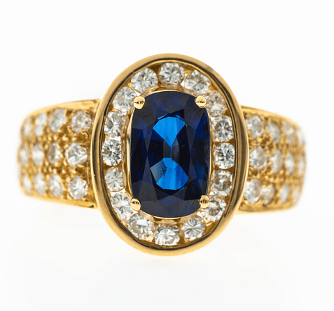 Gran Anillo Solitario Zafiro Azul Halo de Diamantes Naturales