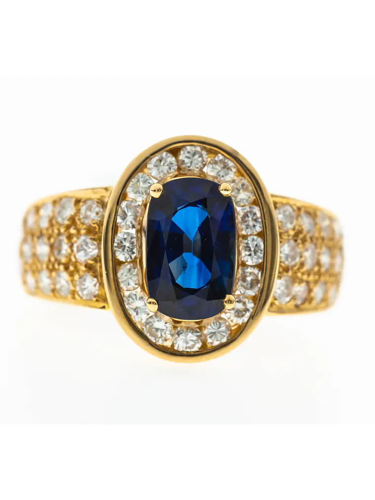 Gran Anillo Solitario Zafiro Azul Halo de Diamantes Naturales 1