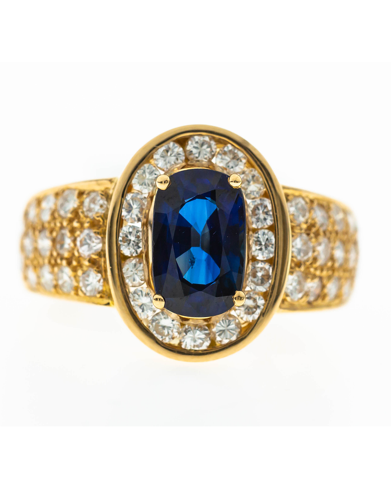 Gran Anillo Solitario Zafiro Azul Halo de Diamantes Naturales