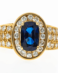 Gran Anillo Solitario Zafiro Azul Halo de Diamantes Naturales