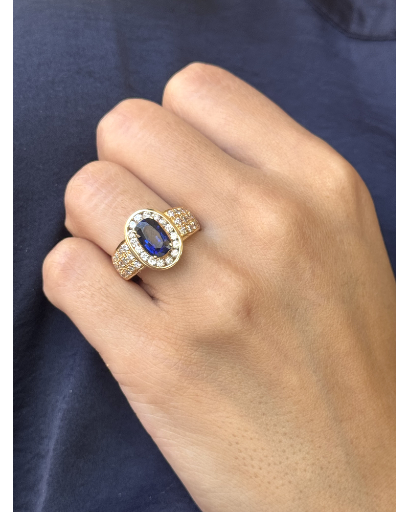 Gran Anillo Solitario Zafiro Azul Halo de Diamantes Naturales