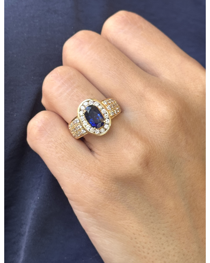 Gran Anillo Solitario Zafiro Azul Halo de Diamantes Naturales