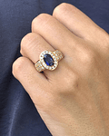 Gran Anillo Solitario Zafiro Azul Halo de Diamantes Naturales