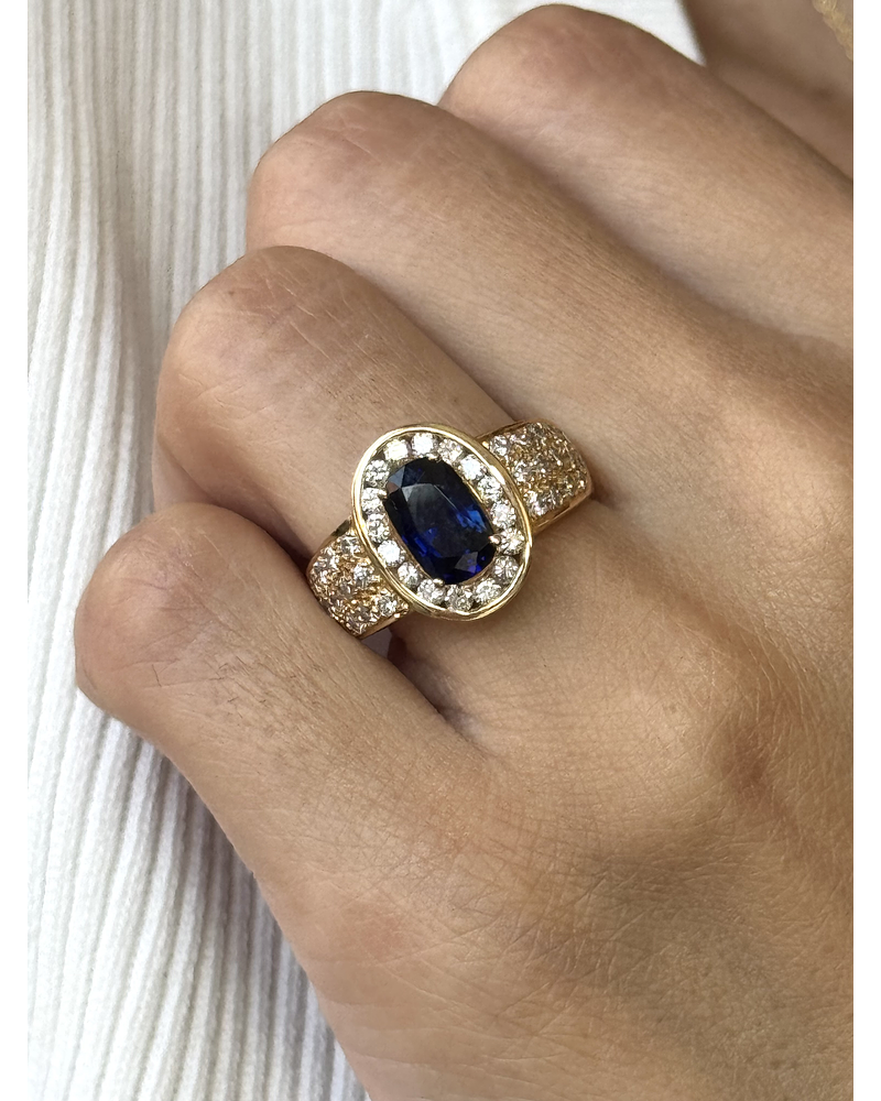 Gran Anillo Solitario Zafiro Azul Halo de Diamantes Naturales