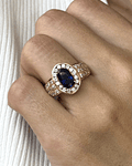 Gran Anillo Solitario Zafiro Azul Halo de Diamantes Naturales