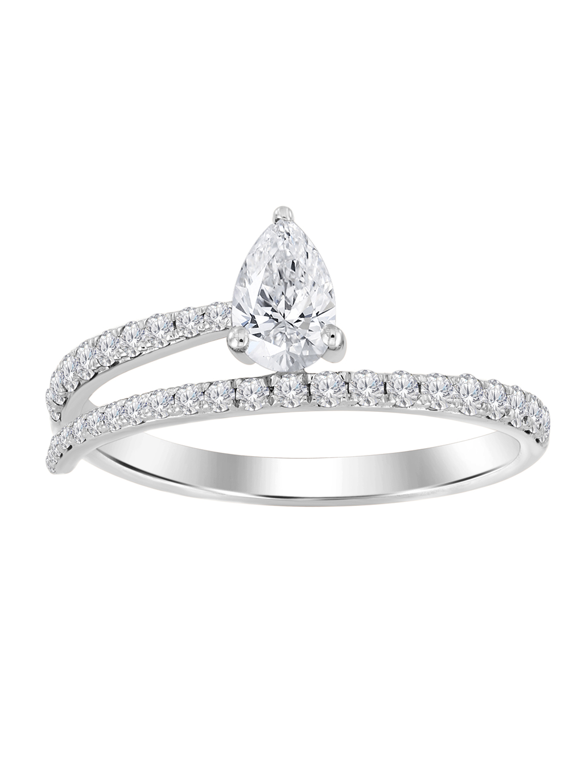 Anillo de Compromiso Diamante Natural Corte Gota (Pera) en Oro Blanco 18K Doble Cintillo de Pavé 1