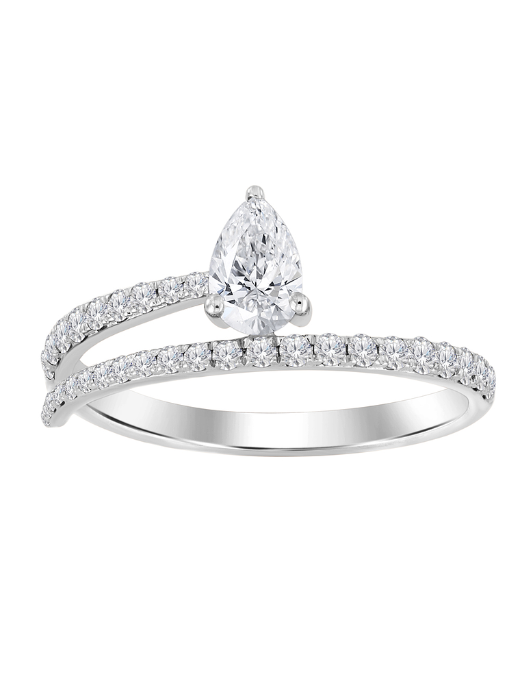 Anillo de Compromiso Diamante Natural Corte Gota (Pera) en Oro Blanco 18K Doble Cintillo de Pavé 1
