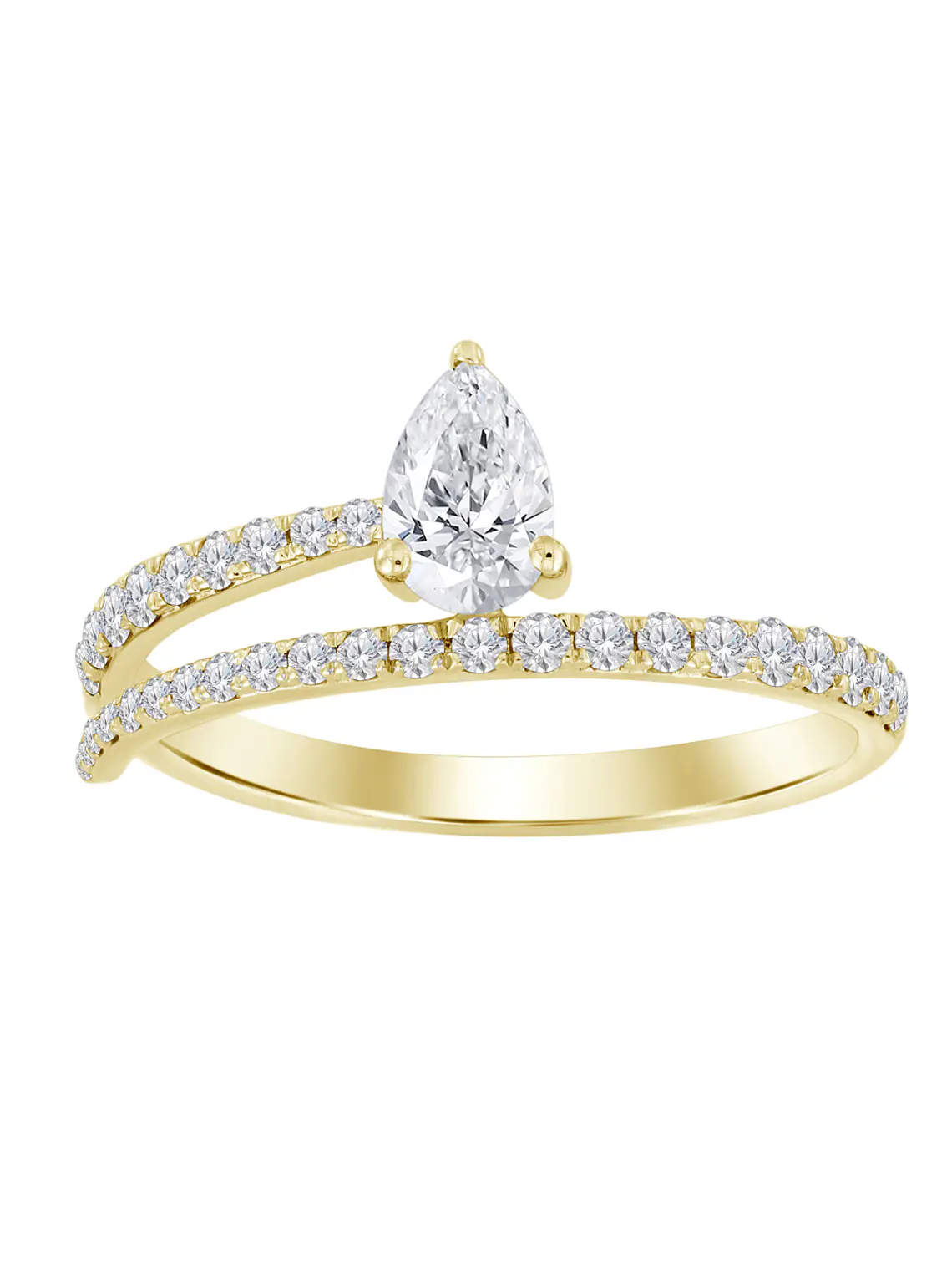 Anillo de Compromiso Diamante Natural Corte Gota (Pera) en Oro Amarillo 18K Doble Cintillo de Pavé 1