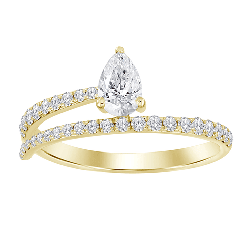 Anillo de Compromiso Diamante Natural Corte Gota (Pera) en Oro Amarillo 18K Doble Cintillo de Pavé