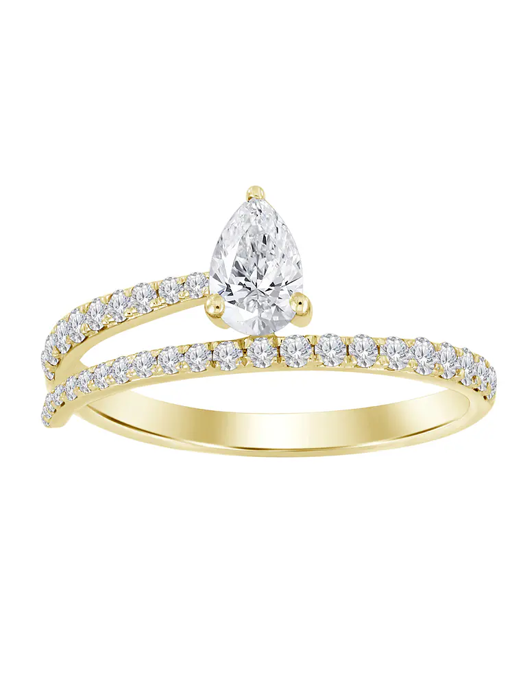 Anillo de Compromiso Diamante Natural Corte Gota (Pera) en Oro Amarillo 18K Doble Cintillo de Pavé 1