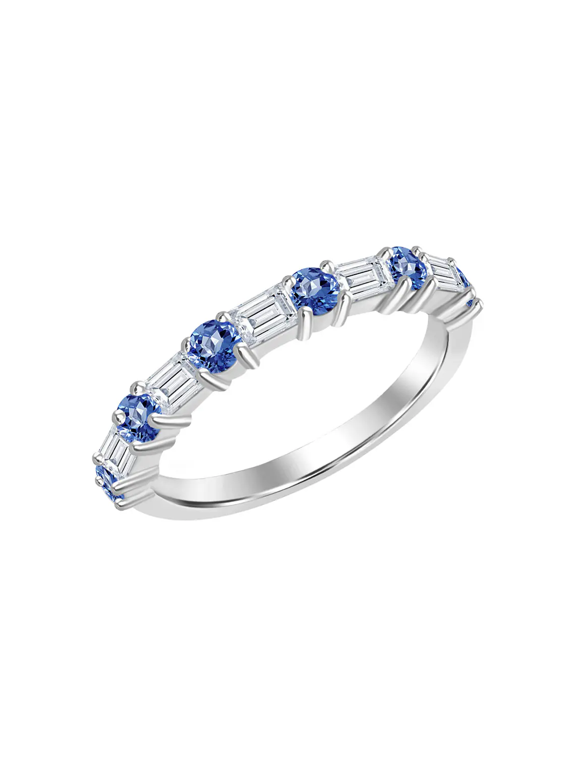 Anillo Cintillo Zafiros y Diamantes Baguette Naturales Oro Blanco 18K 1