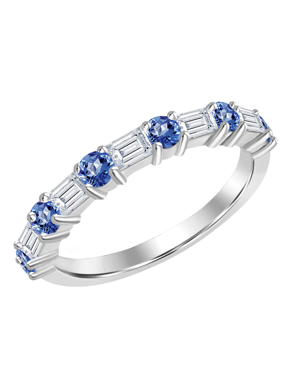 Anillo Cintillo Zafiros y Diamantes Baguette Naturales Oro Blanco 18K 1