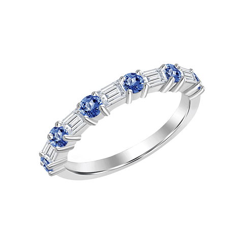 Anillo Cintillo Zafiros y Diamantes Baguette Naturales Oro Blanco 18K