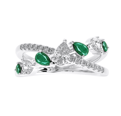 Anillo Cintillo Esmeraldas y Diamantes Naturales corte Pera o Gota en Oro Blanco 18K