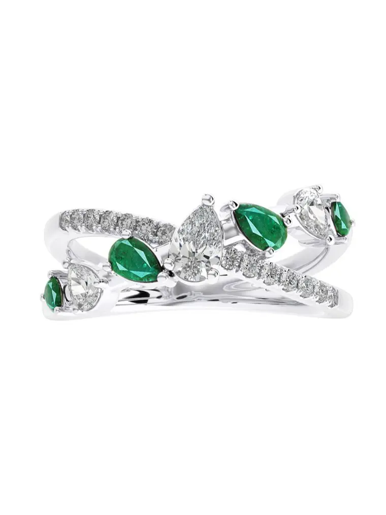 Anillo Cintillo Esmeraldas y Diamantes Naturales corte Pera o Gota en Oro Blanco 18K 1