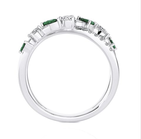 Anillo Cintillo Esmeraldas y Diamantes Naturales corte Pera o Gota en Oro Blanco 18K