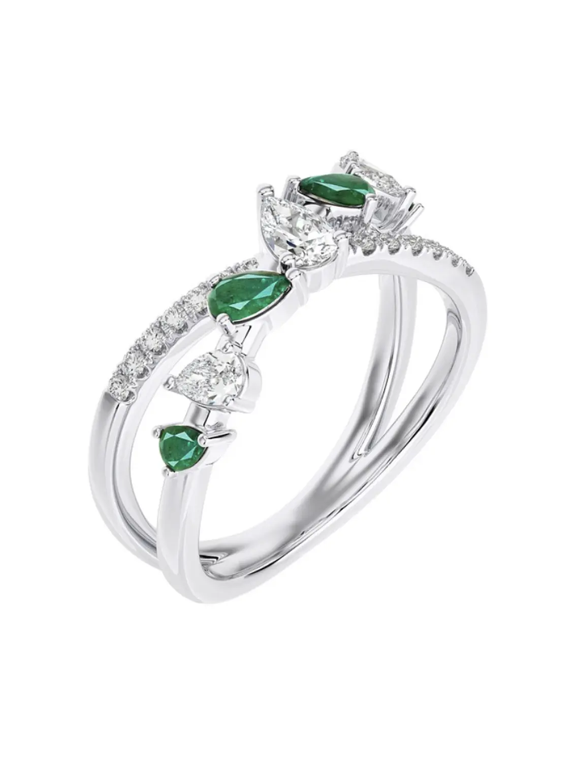 Anillo Cintillo Esmeraldas y Diamantes Naturales corte Pera o Gota en Oro Blanco 18K 3