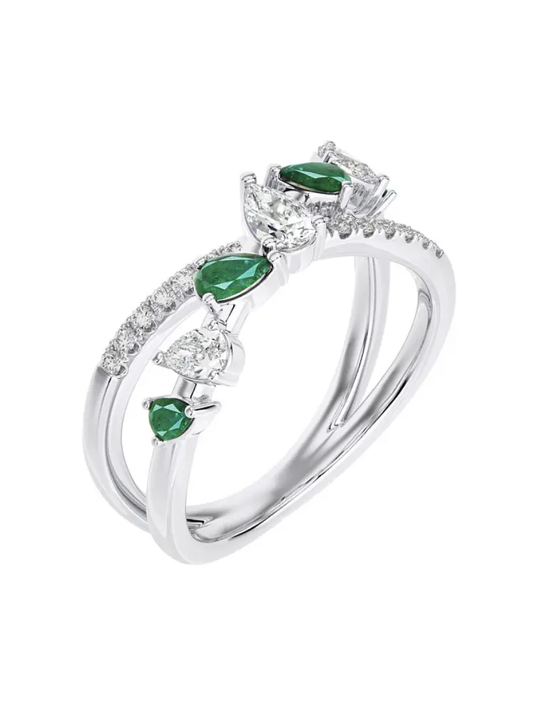 Anillo Cintillo Esmeraldas y Diamantes Naturales corte Pera o Gota en Oro Blanco 18K 3
