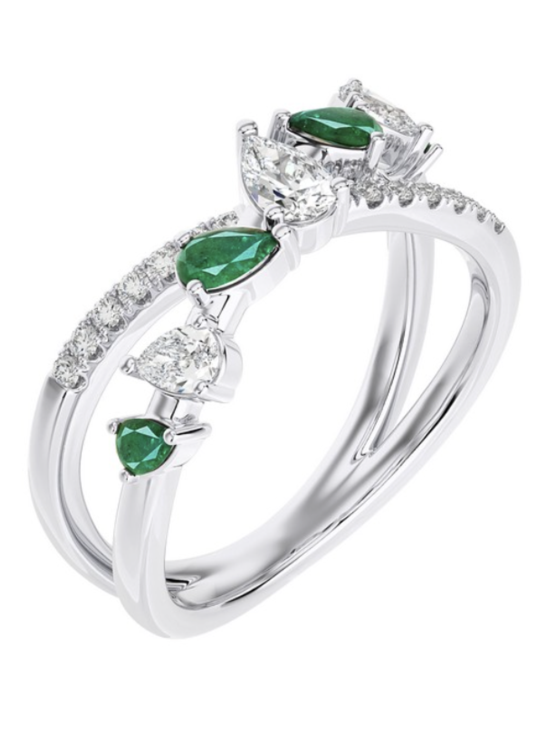 Anillo Cintillo Esmeraldas y Diamantes Naturales corte Pera o Gota en Oro Blanco 18K 3