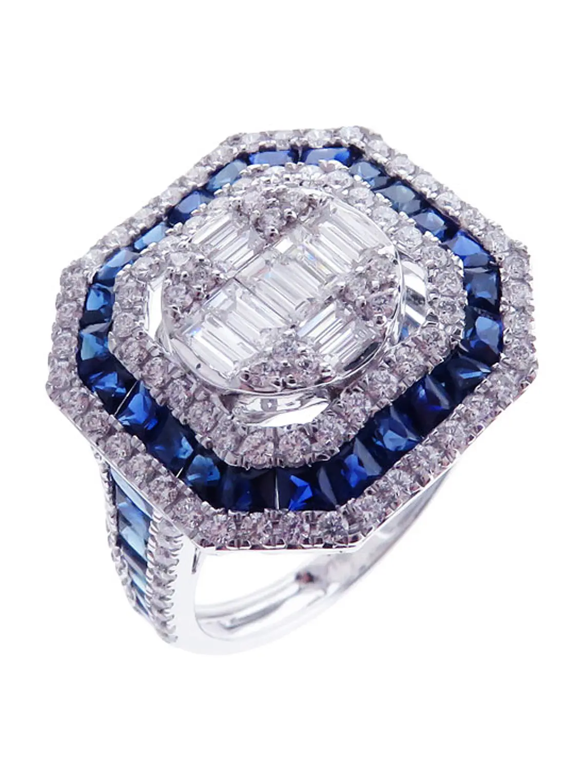 Magnífico Maxi Anillo Zafiros Azules y Diamantes Naturales Oro Blanco 18K 1