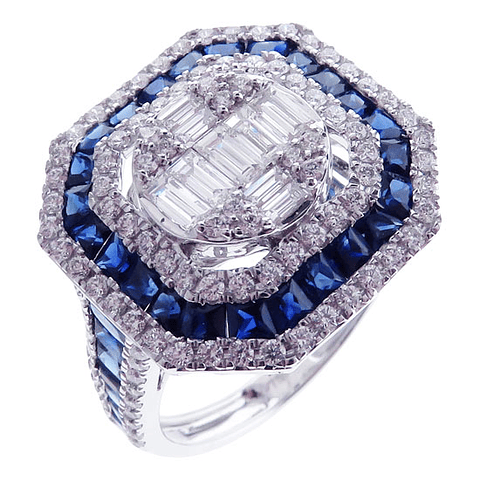 Magnífico Maxi Anillo Zafiros Azules y Diamantes Naturales Oro Blanco 18K