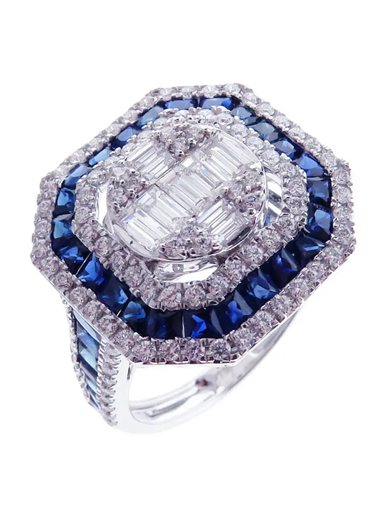 Magnífico Maxi Anillo Zafiros Azules y Diamantes Naturales Oro Blanco 18K 1