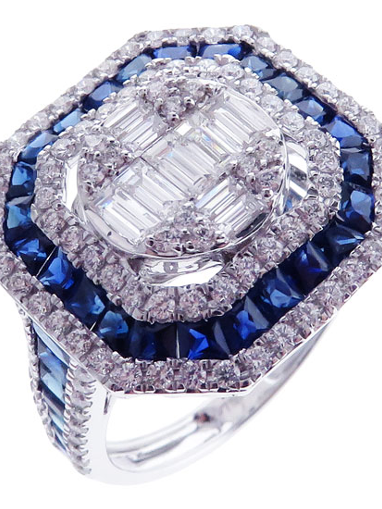 Magnífico Maxi Anillo Zafiros Azules y Diamantes Naturales Oro Blanco 18K 1