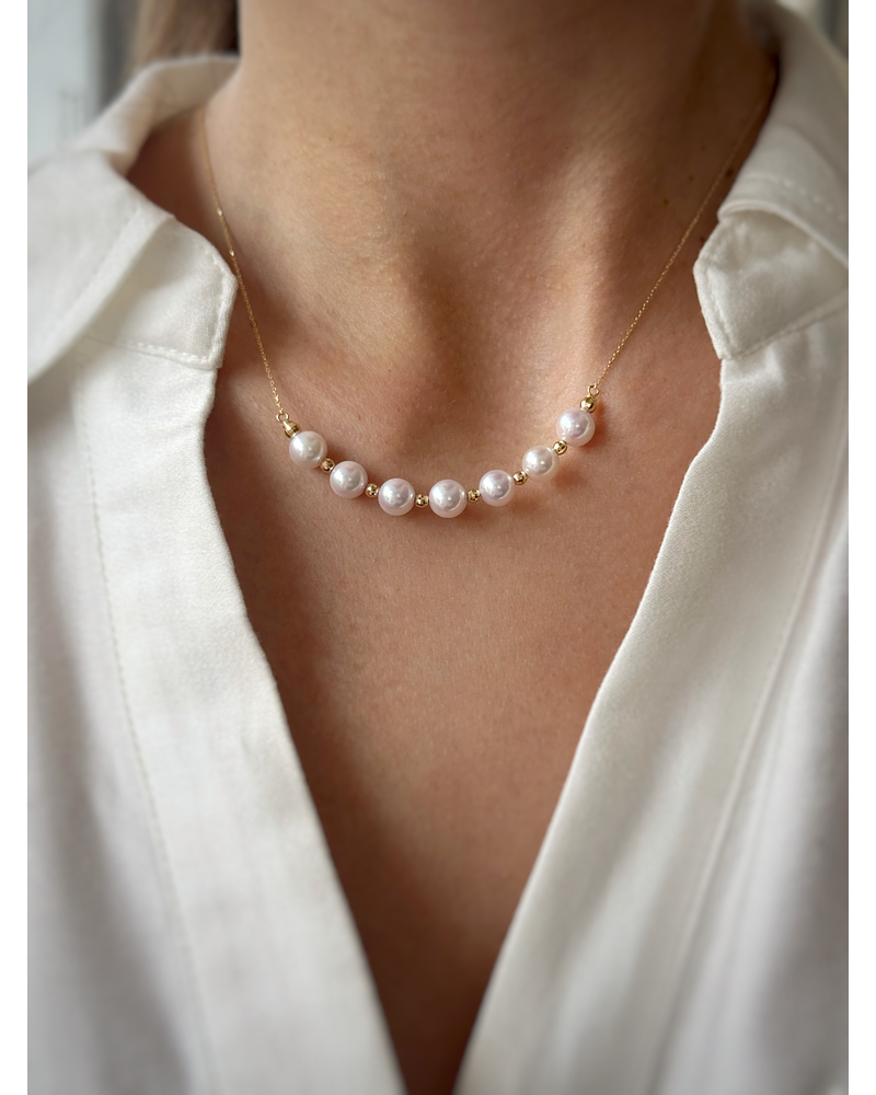 Collar Barrita Perlas y Bolitas Brillantes en Oro Blanco 18K