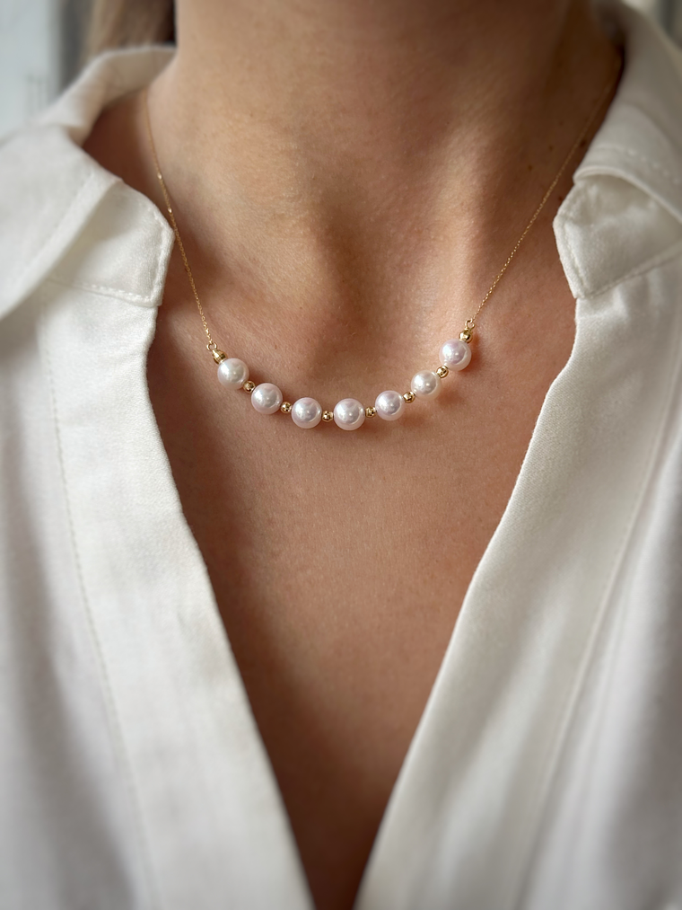 Collar Barrita Perlas y Bolitas Brillantes en Oro Blanco 18K 3