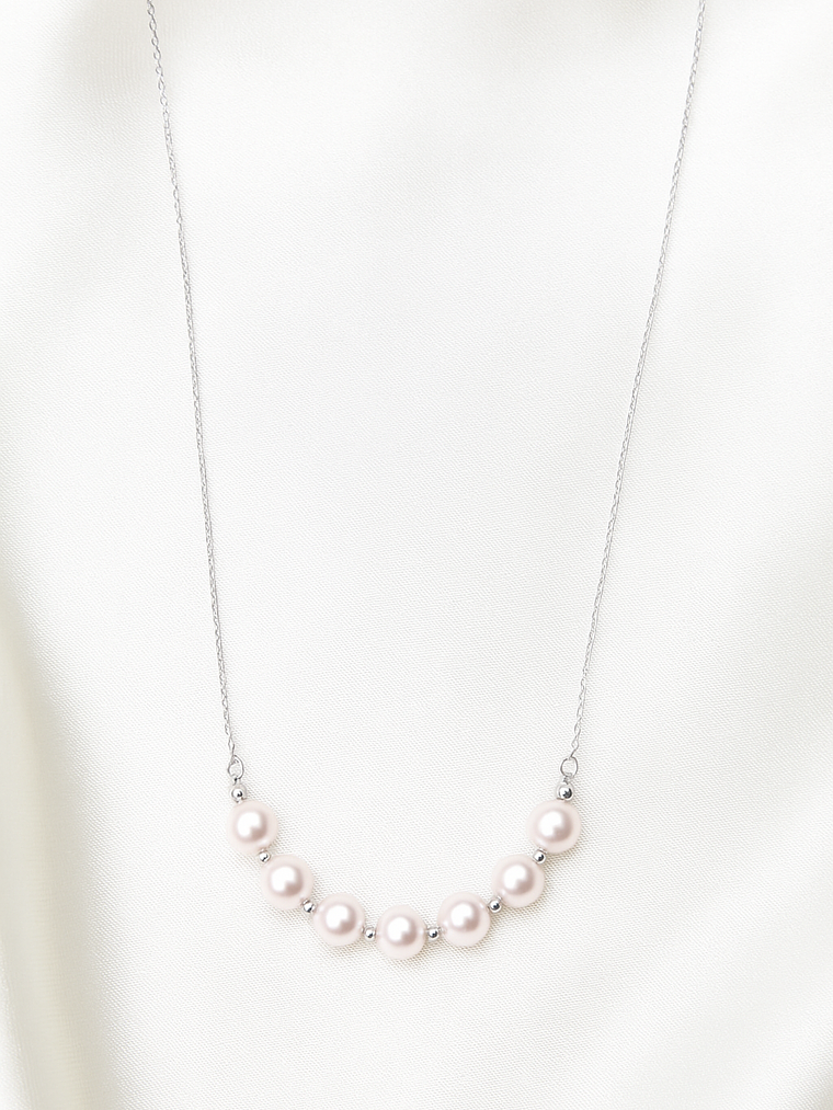 Collar Barrita Perlas y Bolitas Brillantes en Oro Blanco 18K 5