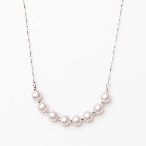 Collar Barrita Perlas y Bolitas Brillantes en Oro Blanco 18K