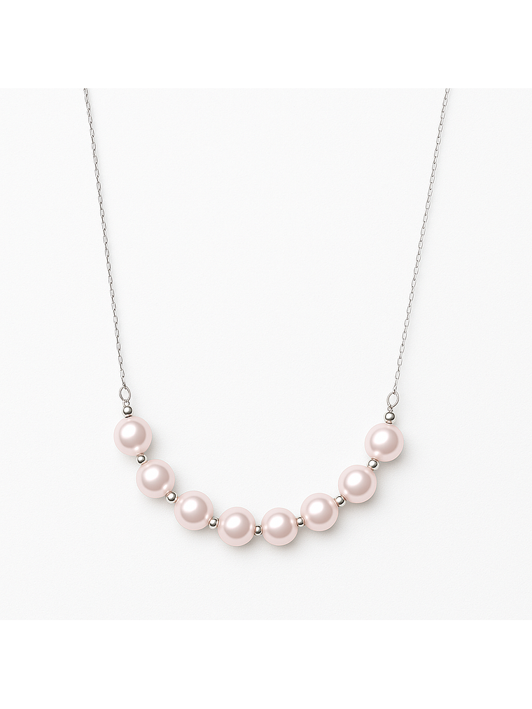 Collar Barrita Perlas y Bolitas Brillantes en Oro Blanco 18K 2