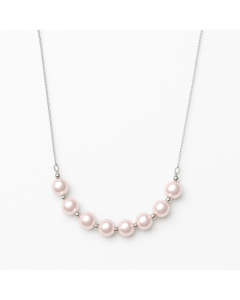 Collar Barrita Perlas y Bolitas Brillantes en Oro Blanco 18K