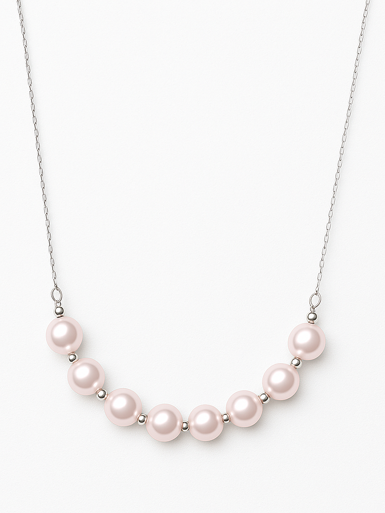 Collar Barrita Perlas y Bolitas Brillantes en Oro Blanco 18K 2