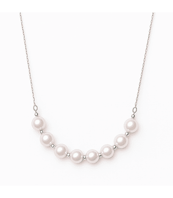 Collar Barrita Perlas y Bolitas Brillantes en Oro Blanco 18K