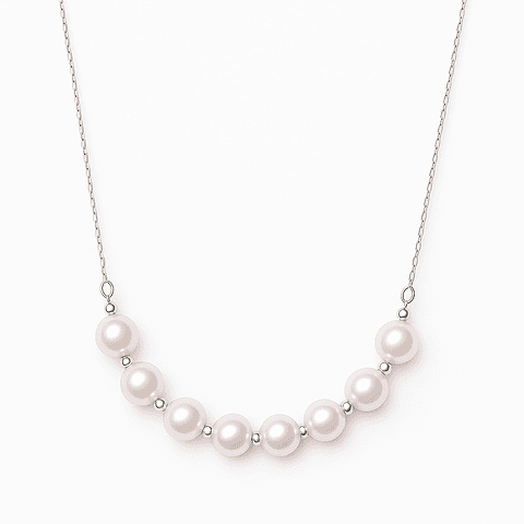 Collar Barrita Perlas y Bolitas Brillantes en Oro Blanco 18K