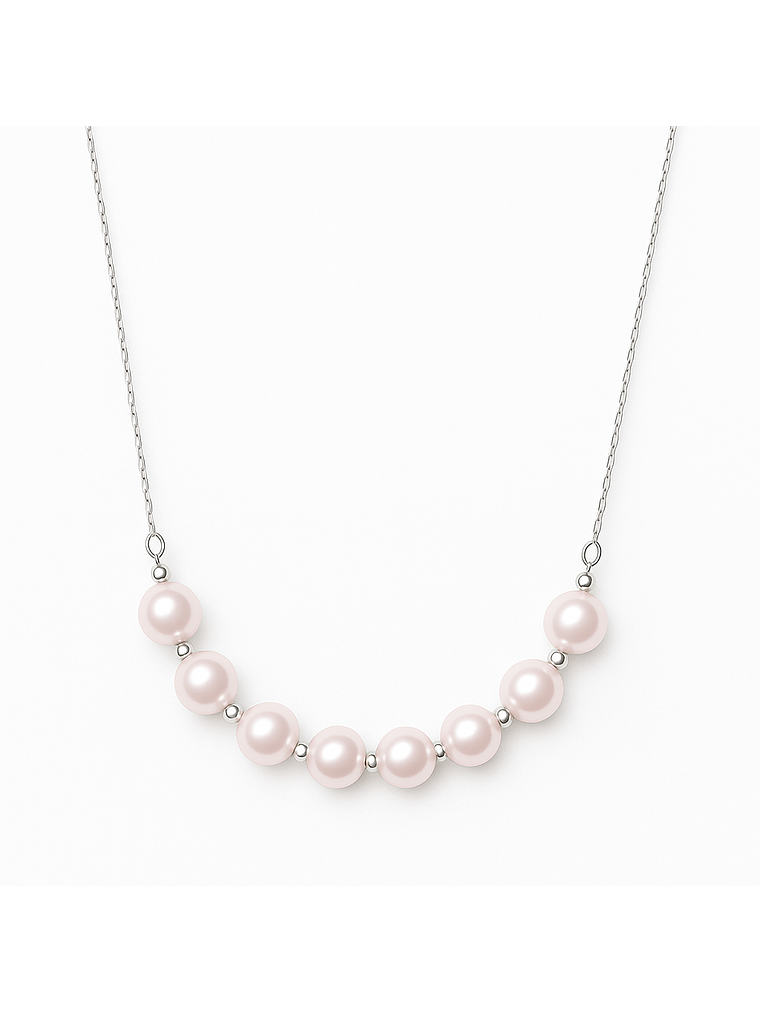 Collar Barrita Perlas y Bolitas Brillantes en Oro Blanco 18K 1