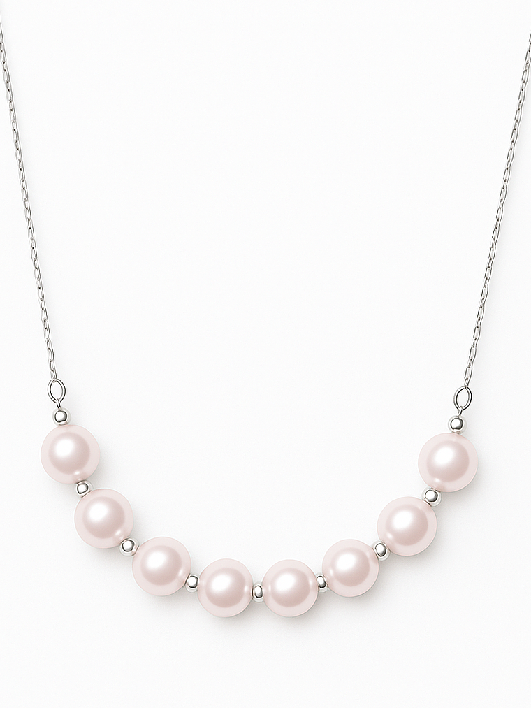 Collar Barrita Perlas y Bolitas Brillantes en Oro Blanco 18K 1