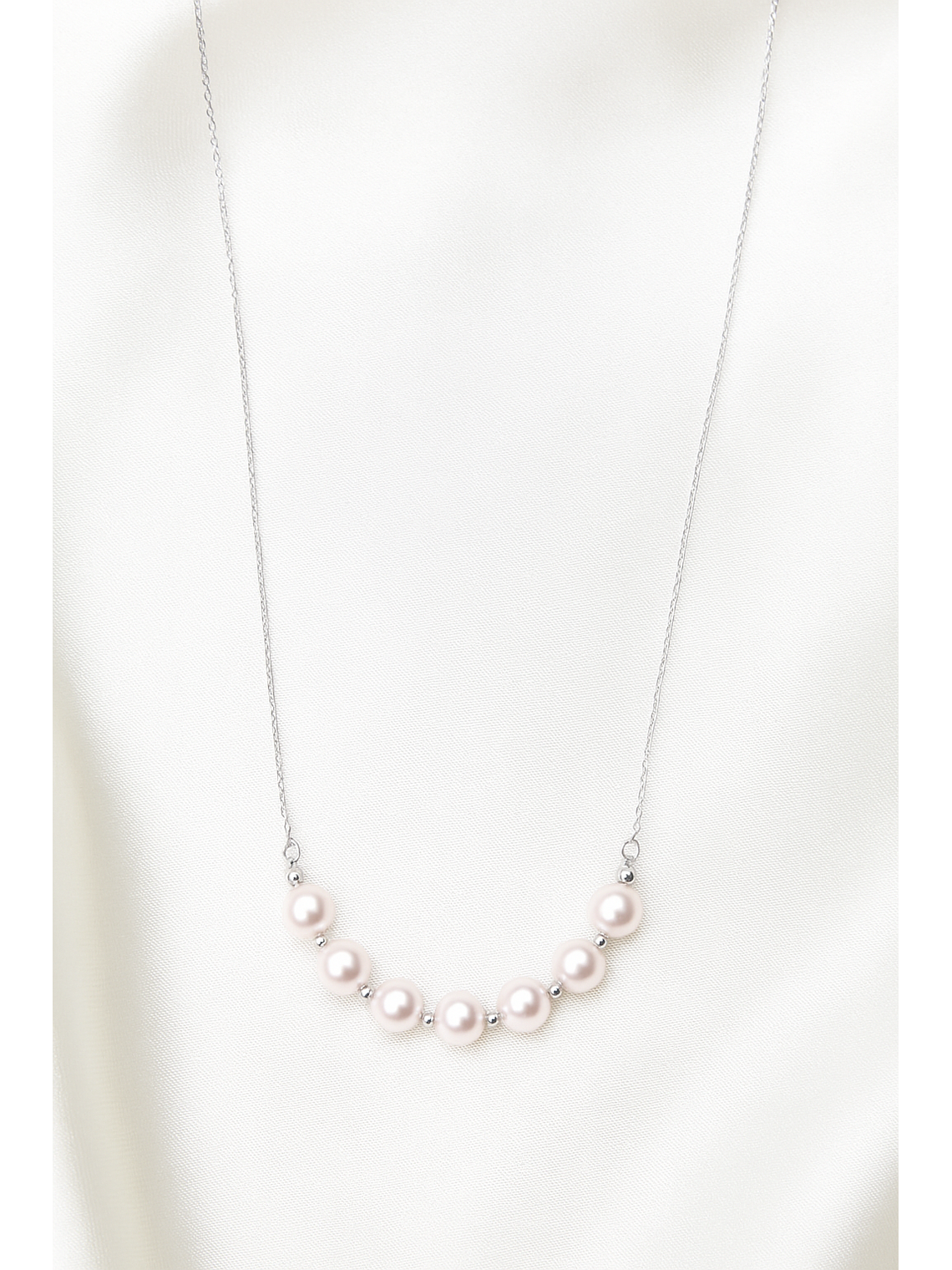 Collar Barrita Perlas y Bolitas Brillantes en Oro Blanco 18K 6