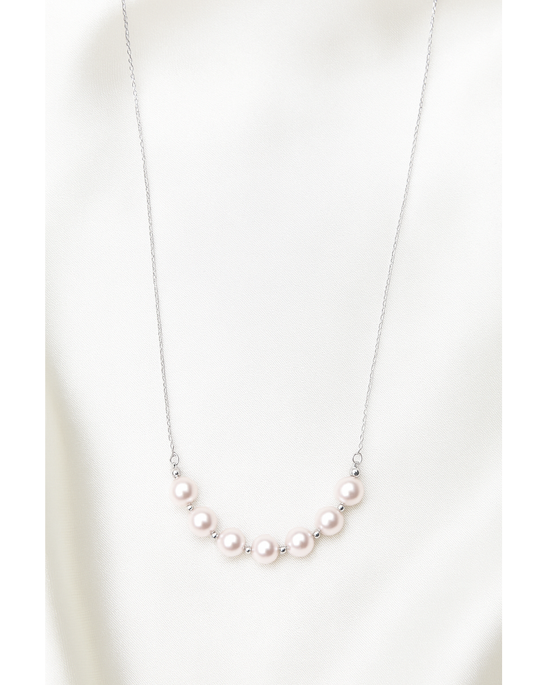 Collar Barrita Perlas y Bolitas Brillantes en Oro Blanco 18K