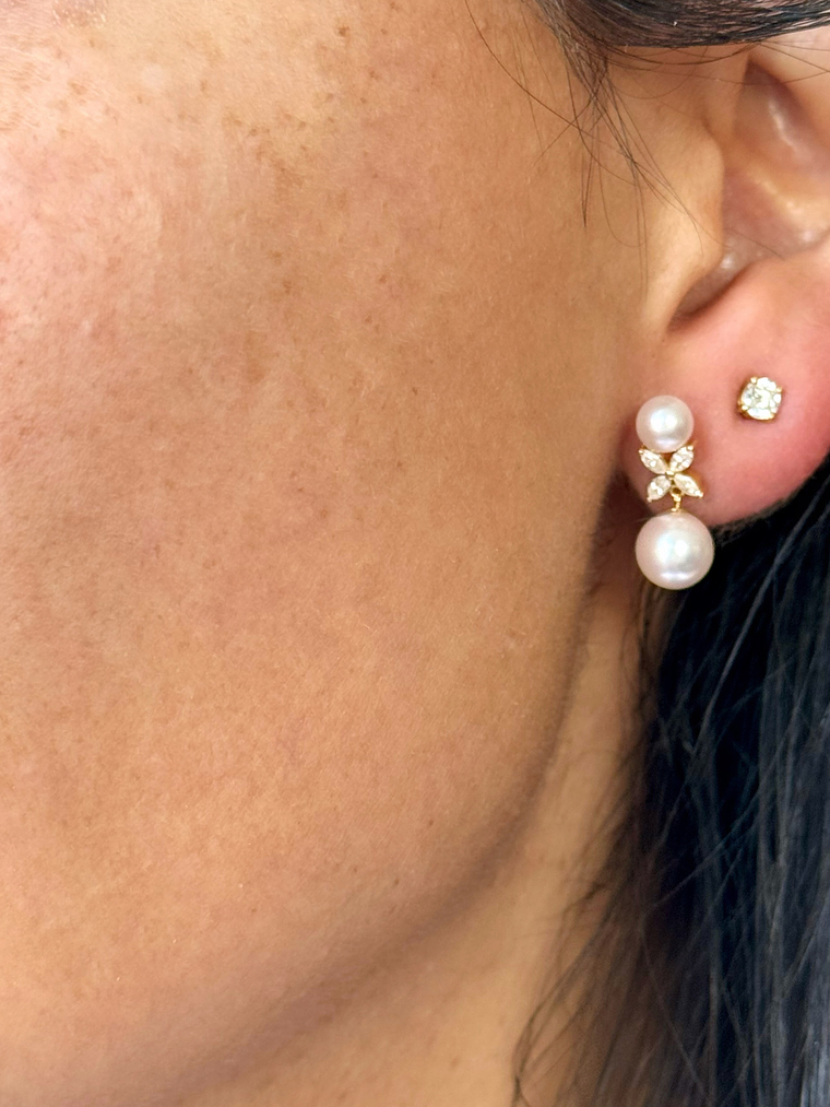 Aros Perlas y Diamantes Naturales corte Marquise en Oro Blanco 18K 3