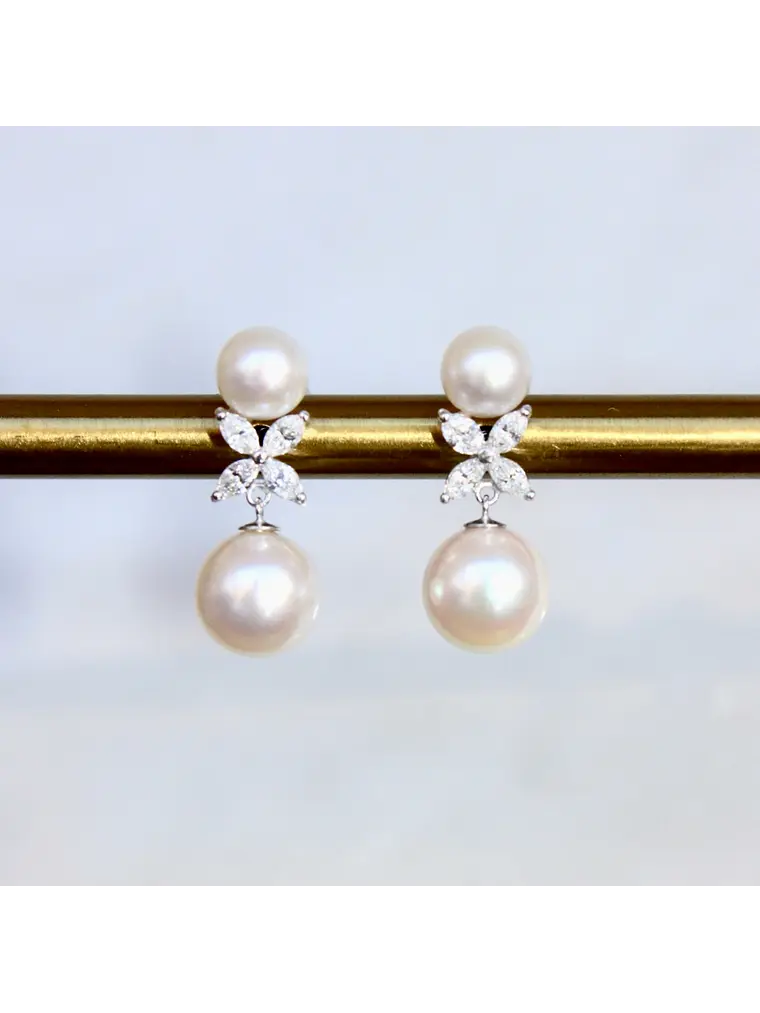 Aros Perlas y Diamantes Naturales corte Marquise en Oro Blanco 18K 2