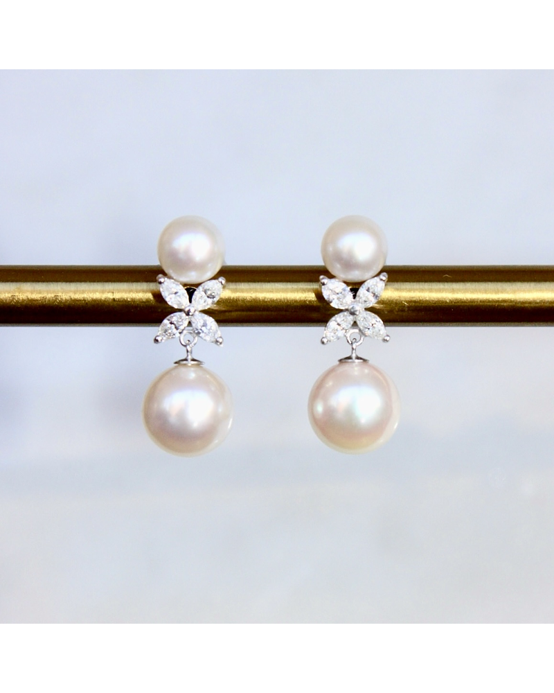 Aros Perlas y Diamantes Naturales corte Marquise en Oro Blanco 18K